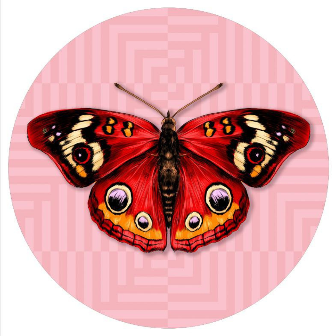 BAJOPLATO DE MARIPOSA ROJA CON FONDO ROSA